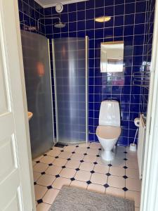 a blue tiled bathroom with a toilet and a shower at House close to the forest and the lake in Huskvarna