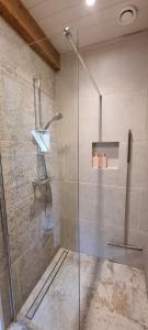 a shower with a glass door in a bathroom at Hoeve Ruimzicht Renesse in Renesse +22 photos