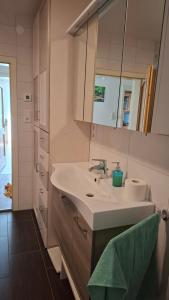 a bathroom with a sink and a mirror at Uschi's guest apartment in Ruderting +16 photos