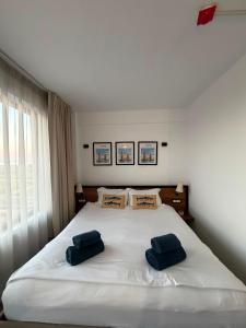 a bedroom with a bed with two blue pillows on it at Hotel Amur in Corbu