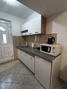 a kitchen with a counter top with a microwave at SM Studio Apartman in Tivat +1 photo