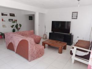 a living room with a couch and a table and a tv at EL Jardin De Los Anturios in Xico