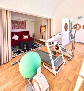 a room with a gym with a treadmill and a exercise ball at Dar El Monchar - Hammamet in Hammamet
