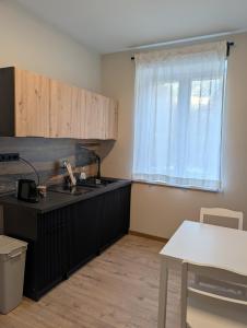 a kitchen with a stove and a window and a table at Apartmány Villa Vician in Piešťany