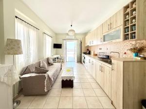a living room with a couch and a kitchen at Villa Fenia in Aegiali