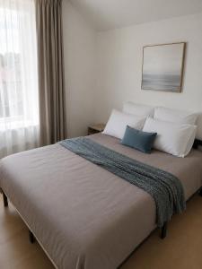 a bedroom with a large bed with two pillows at Résidence d'Emilie in Luxeuil-les-Bains