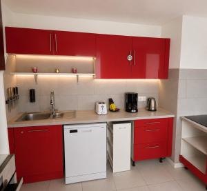 a kitchen with red cabinets and a sink at Résidence d'Emilie in Luxeuil-les-Bains