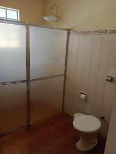 a bathroom with a toilet and a shower at Loft no Centro, pertin de tudo! in Itanhandu