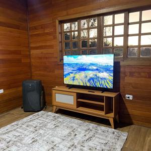 a living room with a flat screen tv on a wooden wall at Lady Estúdio - Hotel + café em Extrema MG in Extrema