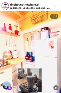 a kitchen with a white refrigerator and a stove at The whale in Guaquen