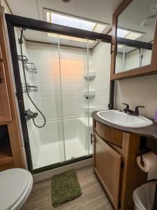 a bathroom with a shower and a sink at Ouachita Outpost RV Park in Hodgen