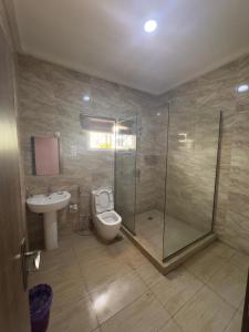 a bathroom with a shower and a toilet and a sink at Zamin Suites in Kano +42 photos