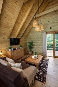 a living room with a couch and a tv at cabana Eco da Natureza in Praia Grande