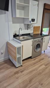 a kitchen with a sink and a washing machine at Casa Adrianykenia in San Martín de Laspra +10 photos