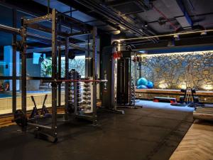a gym with a bunch of equipment in a room at Novotel Kraków Centrum in Krakow