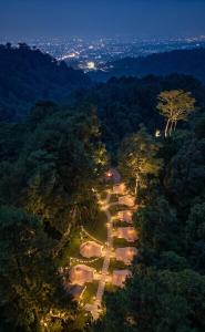 an aerial view of a park in the woods at night at Kabut Pinus Comfort Camp in Palasari