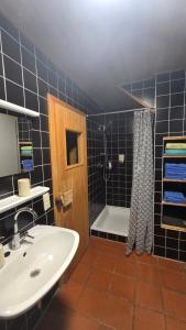 a bathroom with a sink and a shower and a tub at miki Chalets in Pack