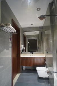 a bathroom with a sink and a toilet and a mirror at Hotel Shivora in Bathinda