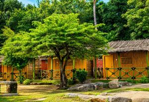 a tree in front of a house with a fence at Gowri Guest House in Hampi