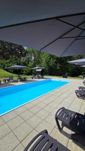a swimming pool with two chairs and an umbrella at Nomad Lake Cabins in Rugineşti