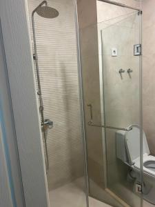 a bathroom with a toilet and a glass shower at Cozy apartment in Angisa +2 photos