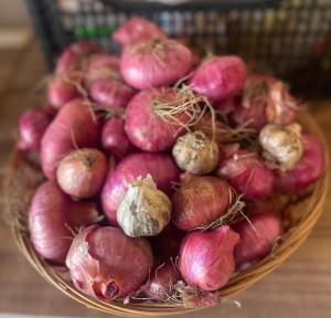 a basket of onions and garlic on a table at Tresnjin hlad in Limljani