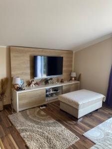 a living room with a flat screen tv on a wall at Purple Haze Apartments in Tivat
