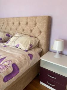 a bed with a headboard and a night stand with a lamp at Purple Haze Apartments in Tivat