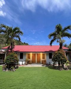 a house with a red roof and two palm trees at D Mountain Beach Resort - Beachfront in Puerto Galera