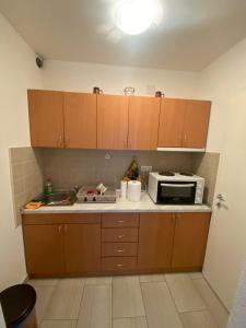 a kitchen with a sink and a microwave at APARTMAN SEVEN free parking in Gornja Toplica +9 photos