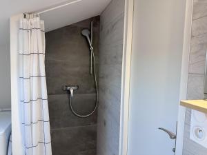 a shower in a bathroom with a shower curtain at Appartement Cosy avec parking à proximité de la Gare et de toutes les commodités in Orléans