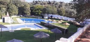 a swimming pool with umbrellas in a yard at Casa Rural La Zzinetina con Jacuzzi in Constantina