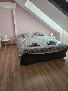 a bedroom with a bed and a wooden floor at Les Trésors à 2 pas du Pal in Dompierre-sur-Besbre