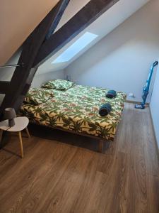 a bedroom with a bed with a green comforter at Les Trésors à 2 pas du Pal in Dompierre-sur-Besbre