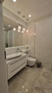 a bathroom with a sink and a toilet and a mirror at Villa Las Palmas in Strzeszów +42 photos