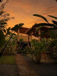 a pathway leading to a house with a sunset in the background at Social Ducks Hostel Borobudur in Borobudur