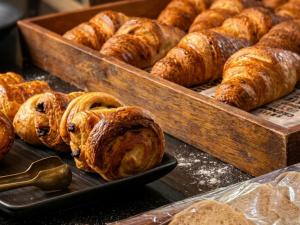 a bunch of croissants and other pastries on a table at A-Hotel Oosterhout in Oosterhout