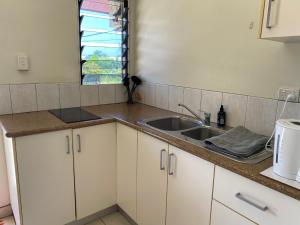 a kitchen counter with a sink and a window at Harriet Place apartment in Darwin