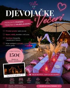 a flyer for a valentines party with a table with pink and purple decorations at FiP Pure in Foča +28 photos