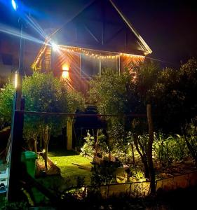 a house with lights on the side of it at night at MiNi chalet en bois in Menzel Abderhaman