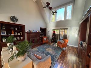 a living room with a christmas tree in the corner at Karibuni Braselton in Braselton