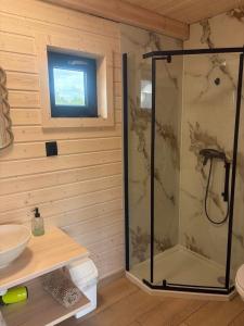 a bathroom with a shower and a sink at PAKLADA Domek całoroczny 2 in Bak