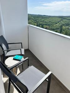two chairs and a table on a balcony with a view at Wolkenparadies in Altenau