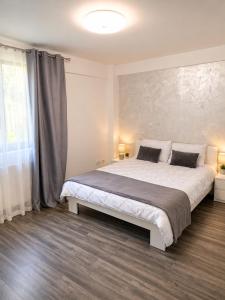a bedroom with a large bed and a window at ARKADIA 2 BR APARTMENTs in Bucharest