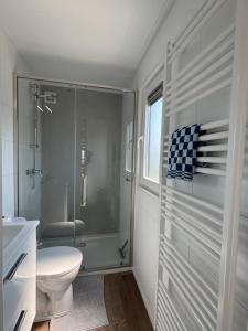 a bathroom with a toilet and a glass shower at Chalet Wad'n Droom in Westerland +12 photos