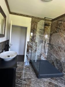 a bathroom with a glass shower and a sink at Theresiengarten in Bad Wörishofen +13 photos