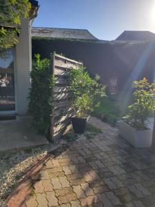 a garden with two potted plants and a fence at Studio cosy Climatisation, terrasse privée, parking devant la maison in Nevers
