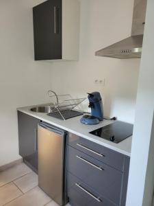 a kitchen with a sink and a counter top at Studio cosy Climatisation, terrasse privée, parking devant la maison in Nevers