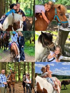 a collage of pictures of people and a horse at Špulka Hideaway - Romantic Forest Escape near Prague in Teplýšovice +24 photos