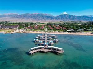 an aerial view of a marina with boats in the water at Карвен коттедж in Bulan Sogottuu